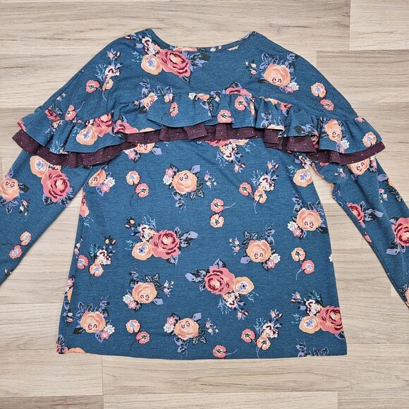 Matilda Jane 435 Girls Teal Floral Ruffle Longsleeve Shirt Size 14 - Picture 6 of 6